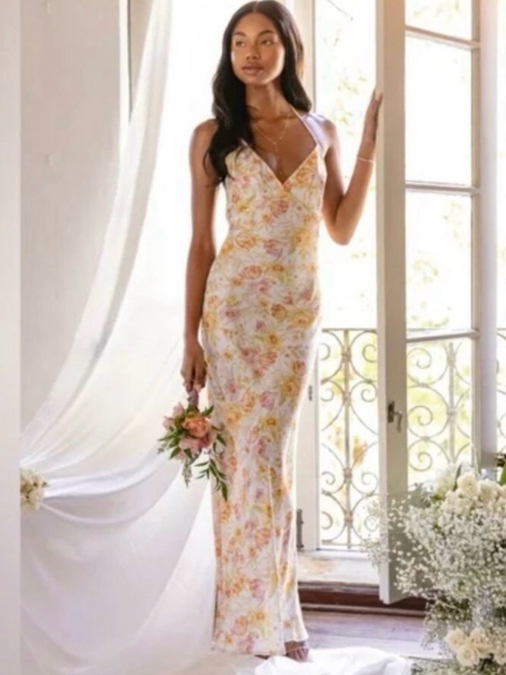 RESA Floral Slip Maxi Dress in White and Yellow
